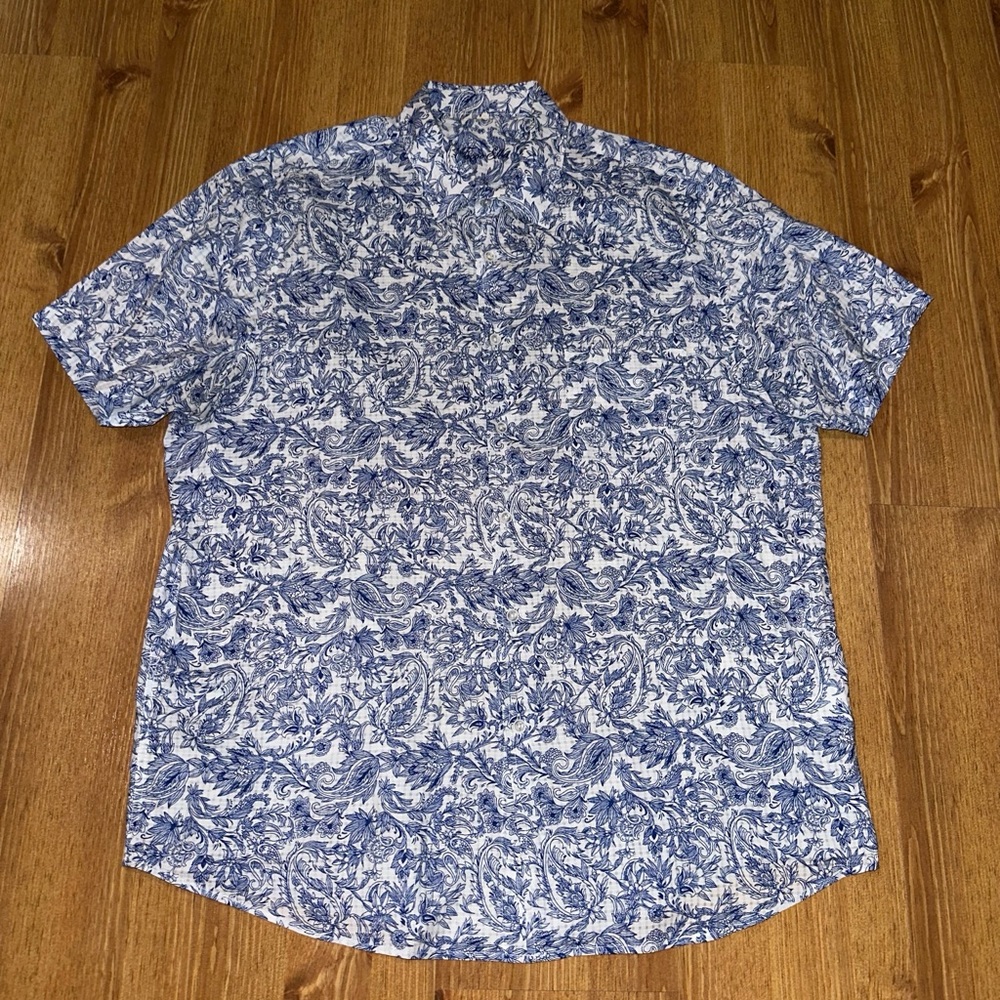 Tasso Elba blue white floral Cotton Short Sleeve Button Front Shirt Men Size XL